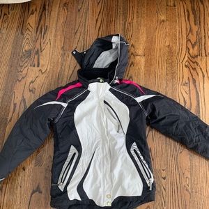 obermeyer black and white ski coat and pink